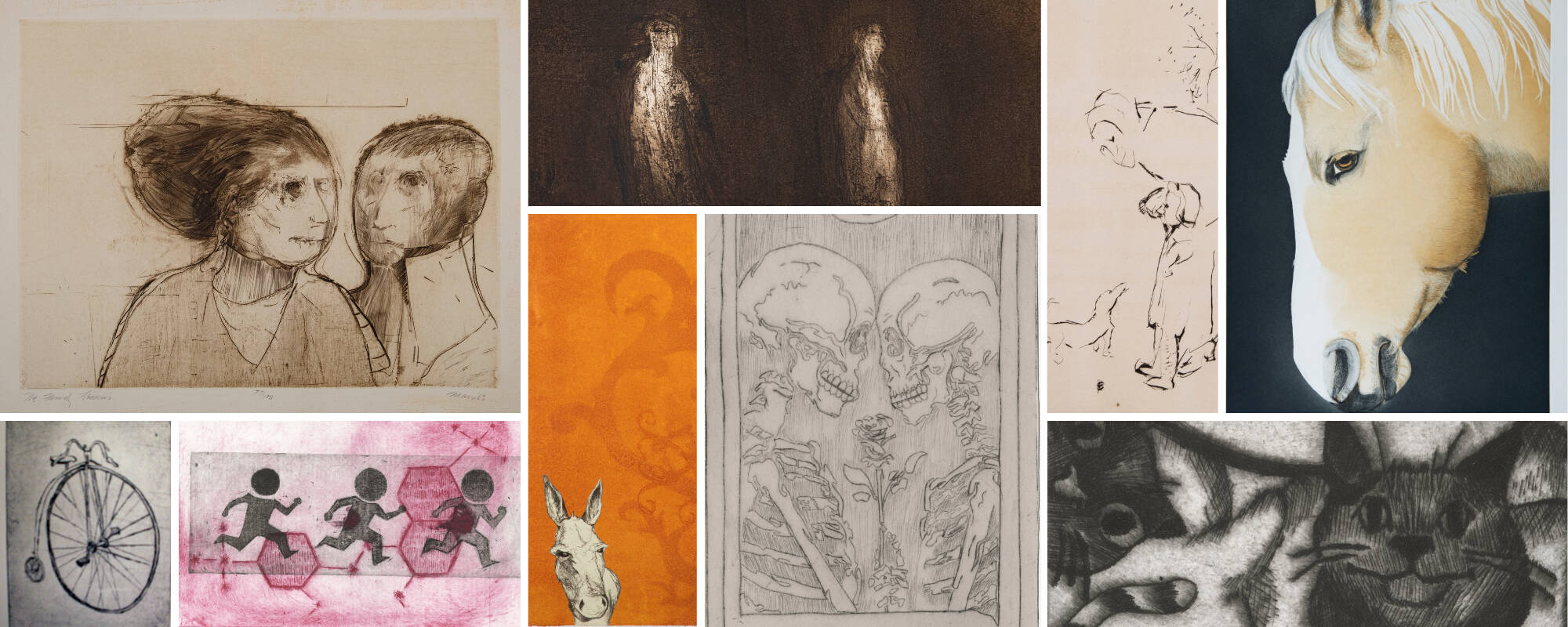 Collage of nine different images from the GVSU Art Museum Collection that showcase the printmaking technique of drypoint.